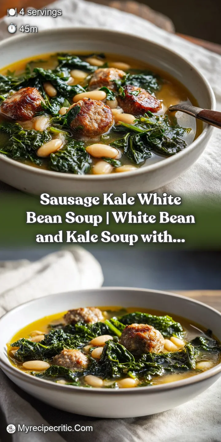 A close-up of glistening broth surrounding tender white beans and seared sausage, topped with a sprig of fresh parsley.