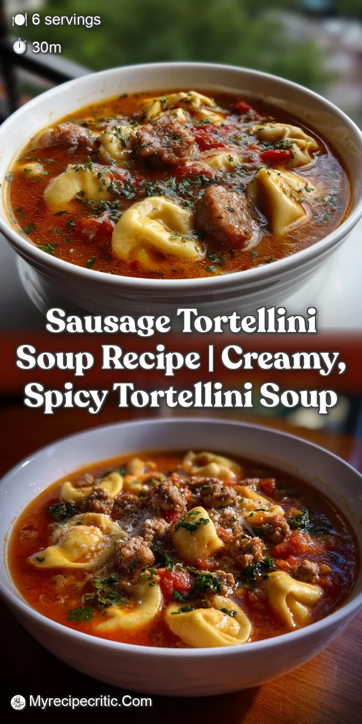 Close-up of a bubbling bowl of sausage tortellini soup, showing rich broth, tender tortellini, and savory sausage, promisi...