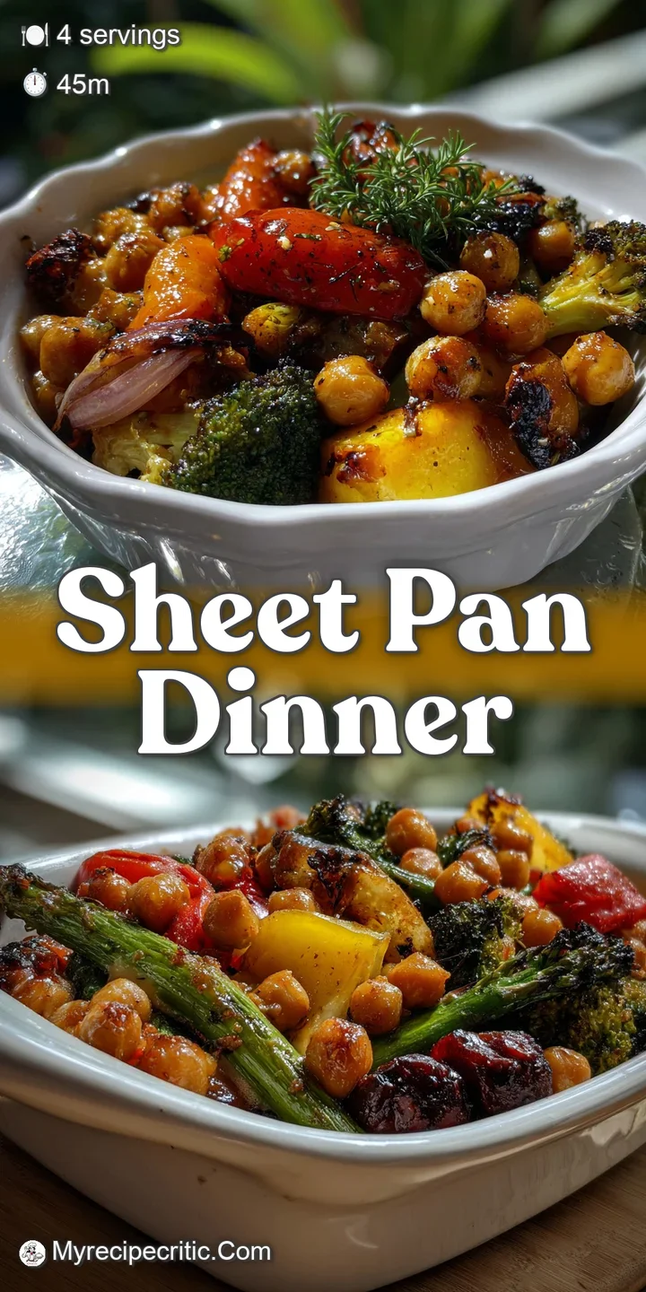 Close-up of golden-brown roasted vegetables and chickpeas, glistening with oil, fresh herbs scattered about. Appealing tex...
