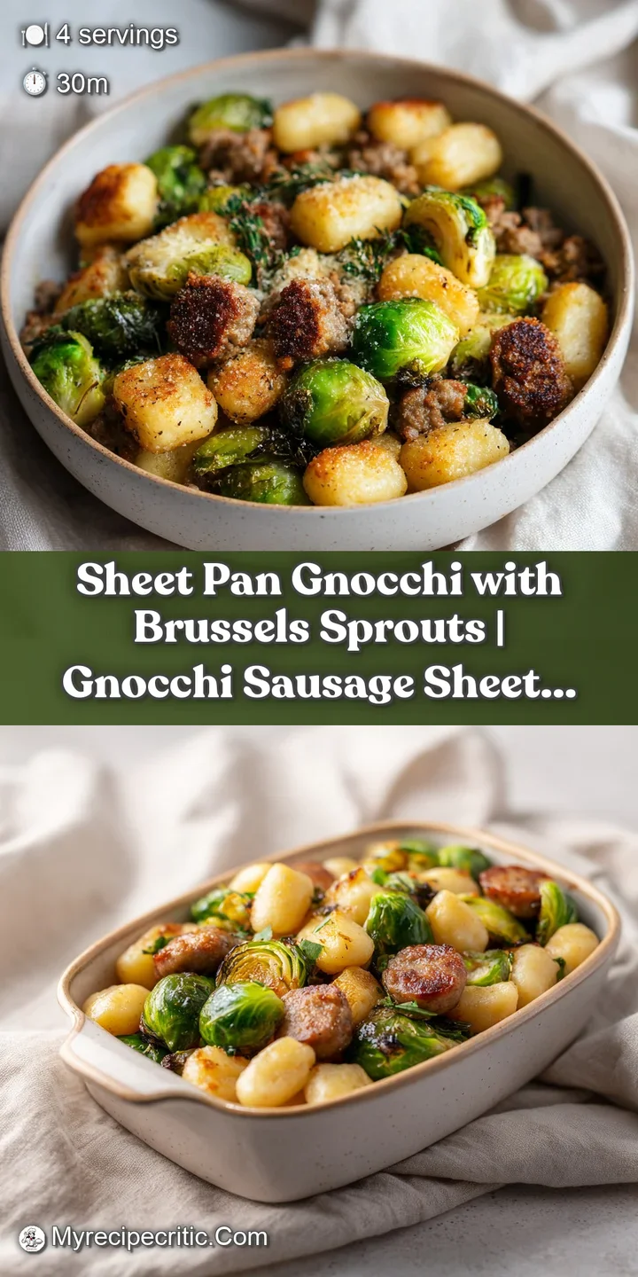 Close-up of chewy gnocchi nestled with charred Brussels sprouts and glistening sausage bits.