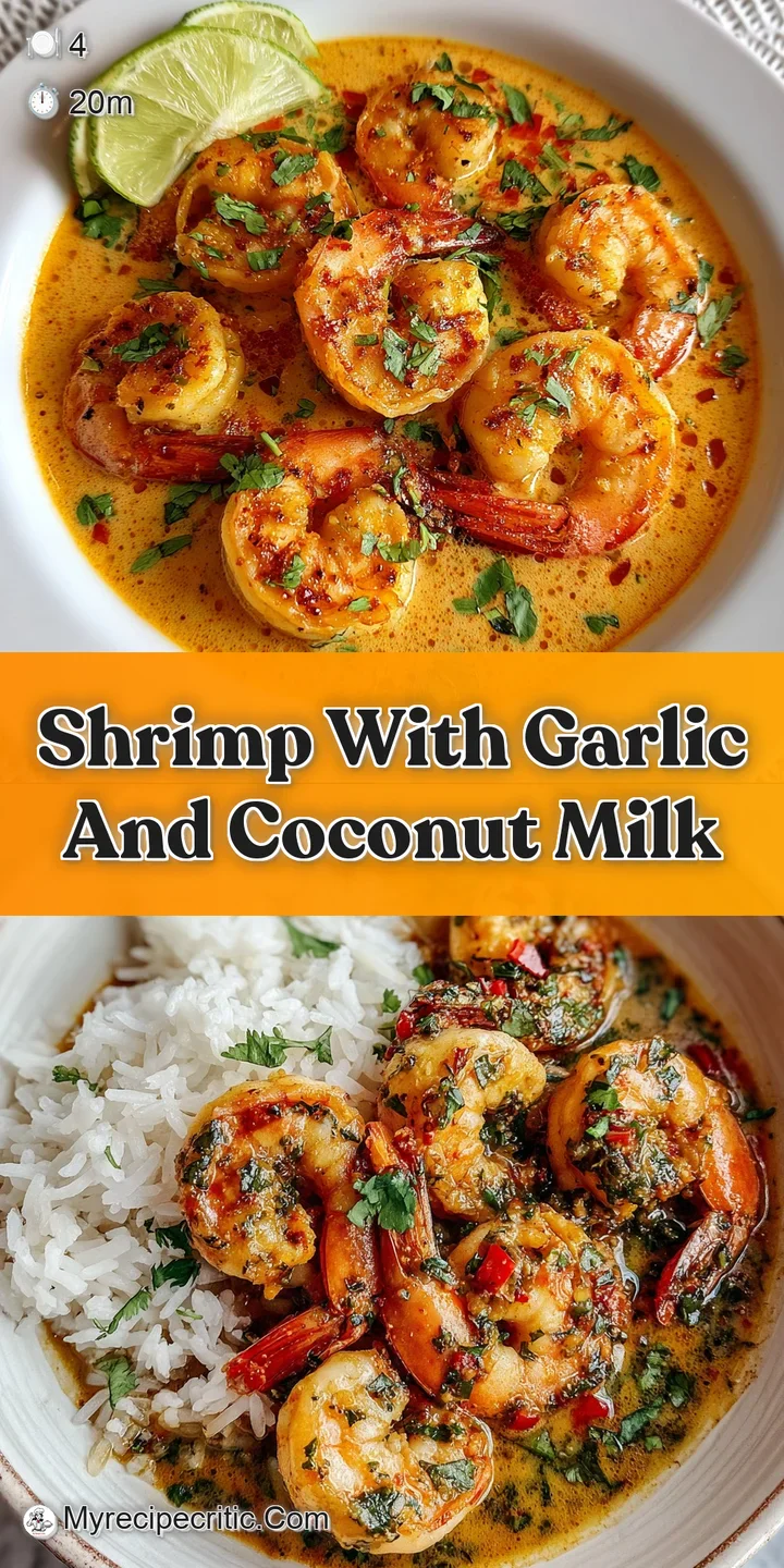 Close-up of juicy shrimp glistening in a creamy coconut sauce, topped with fresh herbs and flakes of toasted coconut.