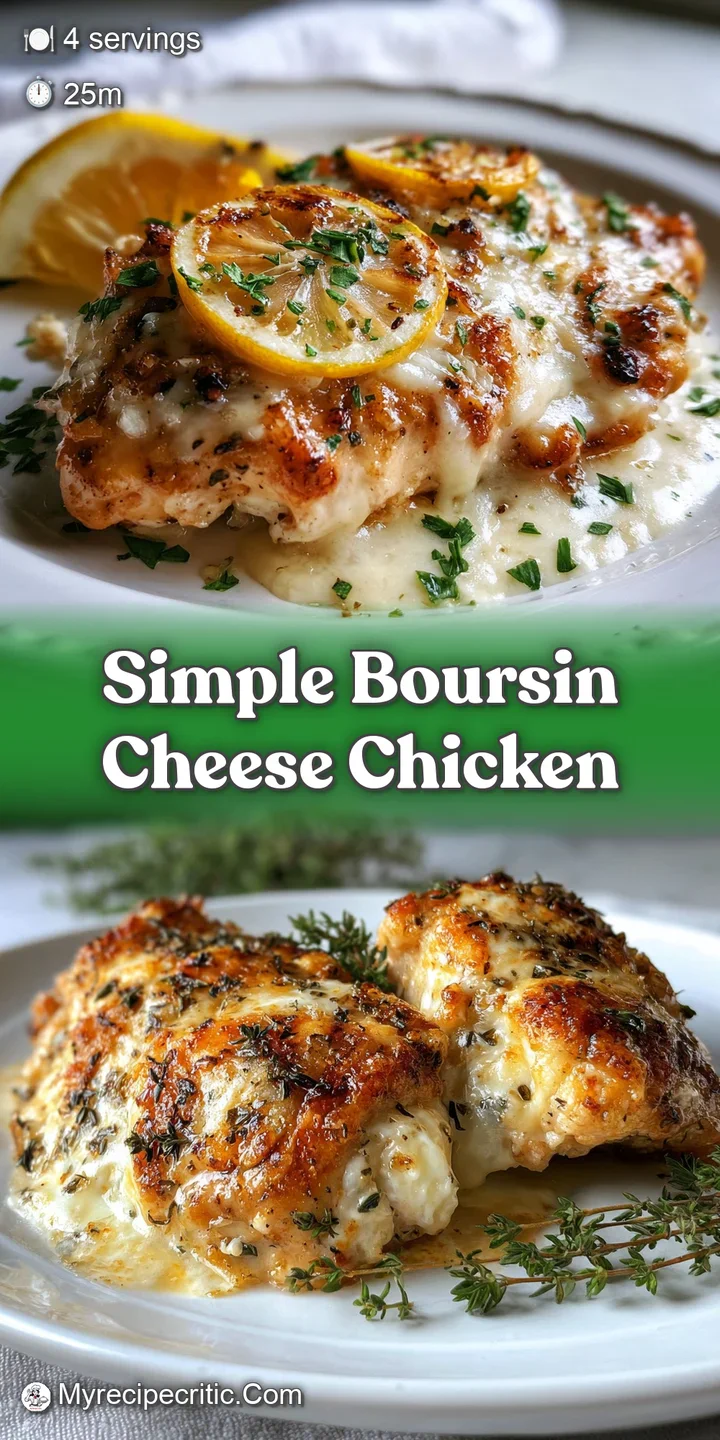 Close-up of juicy seared chicken, creamy, herbed Boursin cheese bubbling. Rich, appetizing details, inviting texture.