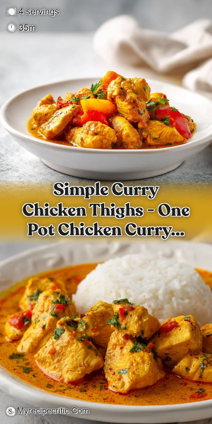 Juicy chicken thigh chunks coated in thick, aromatic curry sauce, with hints of spice.