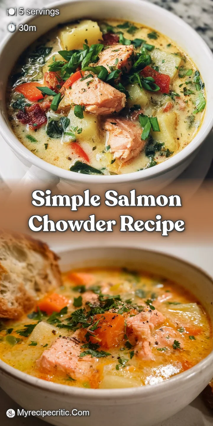 Close-up of rich salmon chowder showing tender salmon flakes, soft potatoes, and a vibrant green herb garnish in a creamy ...