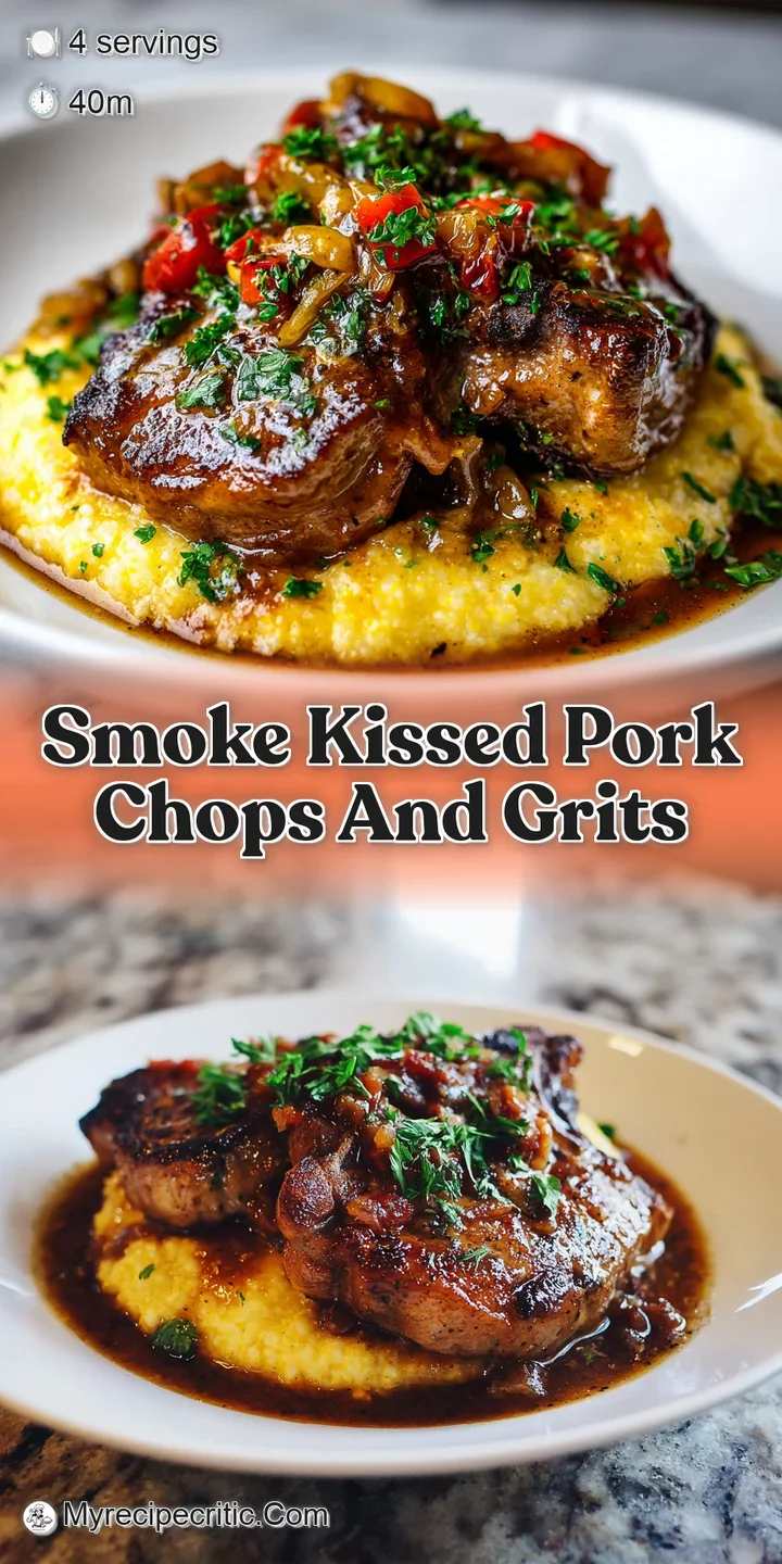 Close-up of juicy pork chop with a golden crust, resting on smooth grits. Rich, dark pan sauce pools around the meat.