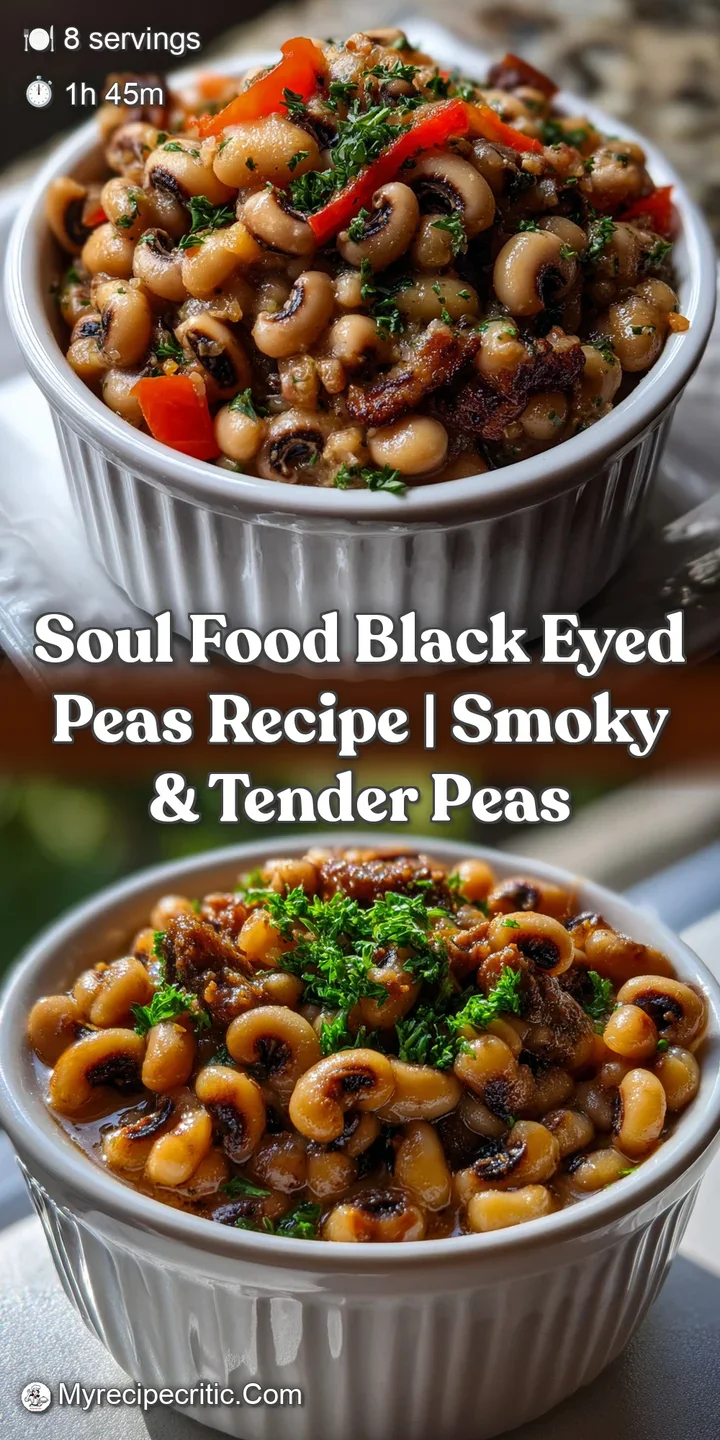 Close-up of a steaming spoonful of black-eyed peas, revealing soft, textured peas and a rich, smoky broth; a warming culin...