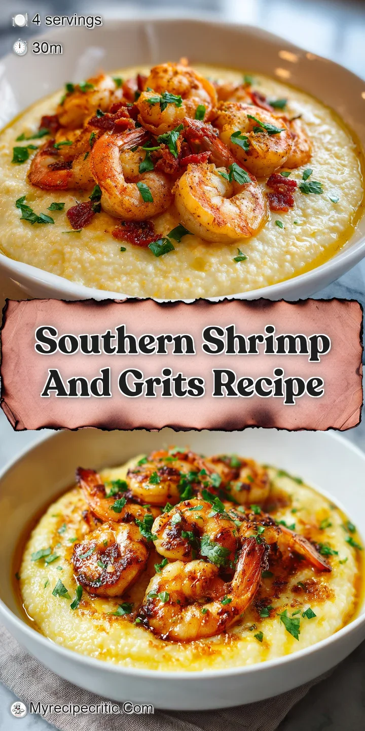 Close-up of juicy, saut&eacute;ed shrimp nestled in rich, cheesy grits, capturing the dish's warmth and inviting texture. Delicio...
