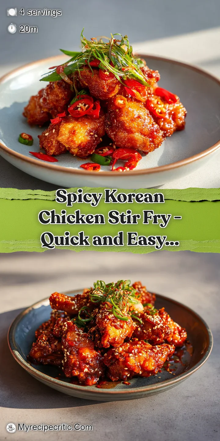 Close-up of glistening, deep red Korean chicken stir-fry with visible chili flakes, nestled among bright green scallions a...