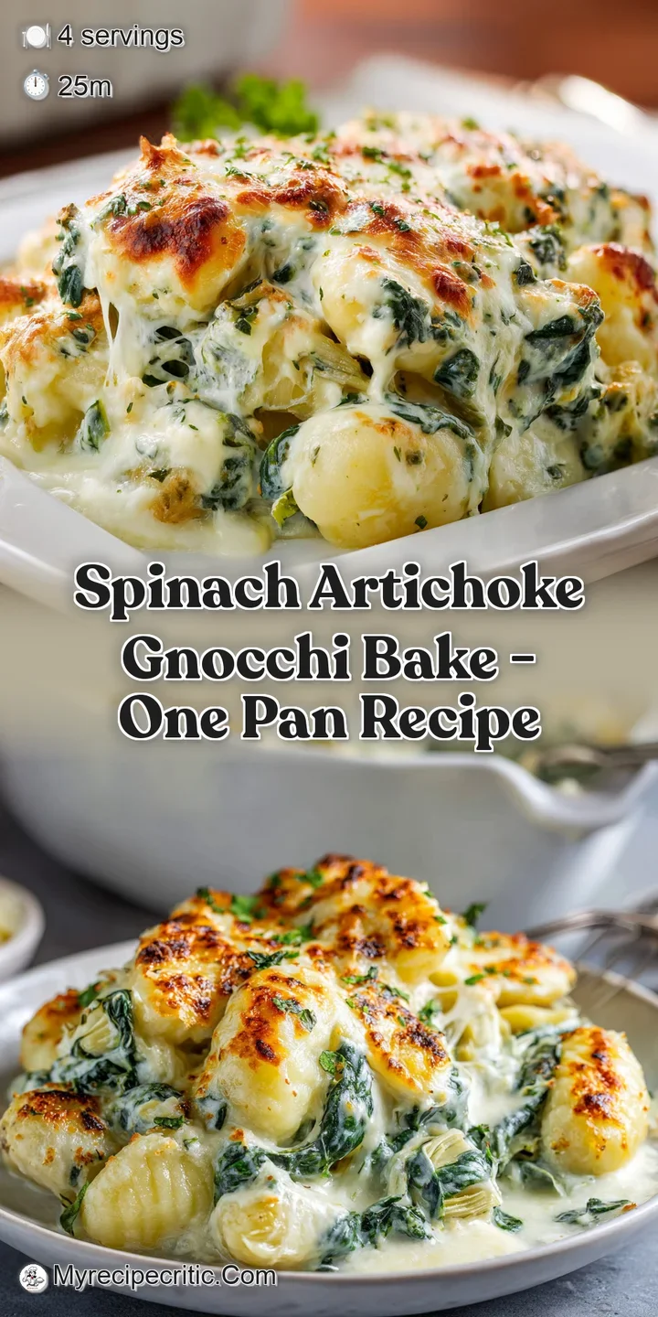 Close-up of a creamy, cheesy gnocchi bake, showcasing spinach, artichoke, and the slightly browned, bubbly top.