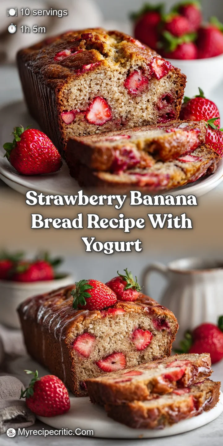 Close-up of strawberry banana bread, showing the moist interior and scattered pieces of baked, soft strawberries. Warm, in...