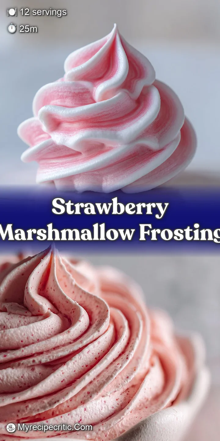 Close-up of strawberry marshmallow frosting. Soft, pale pink color and visible chunks of strawberries give an airy, slight...