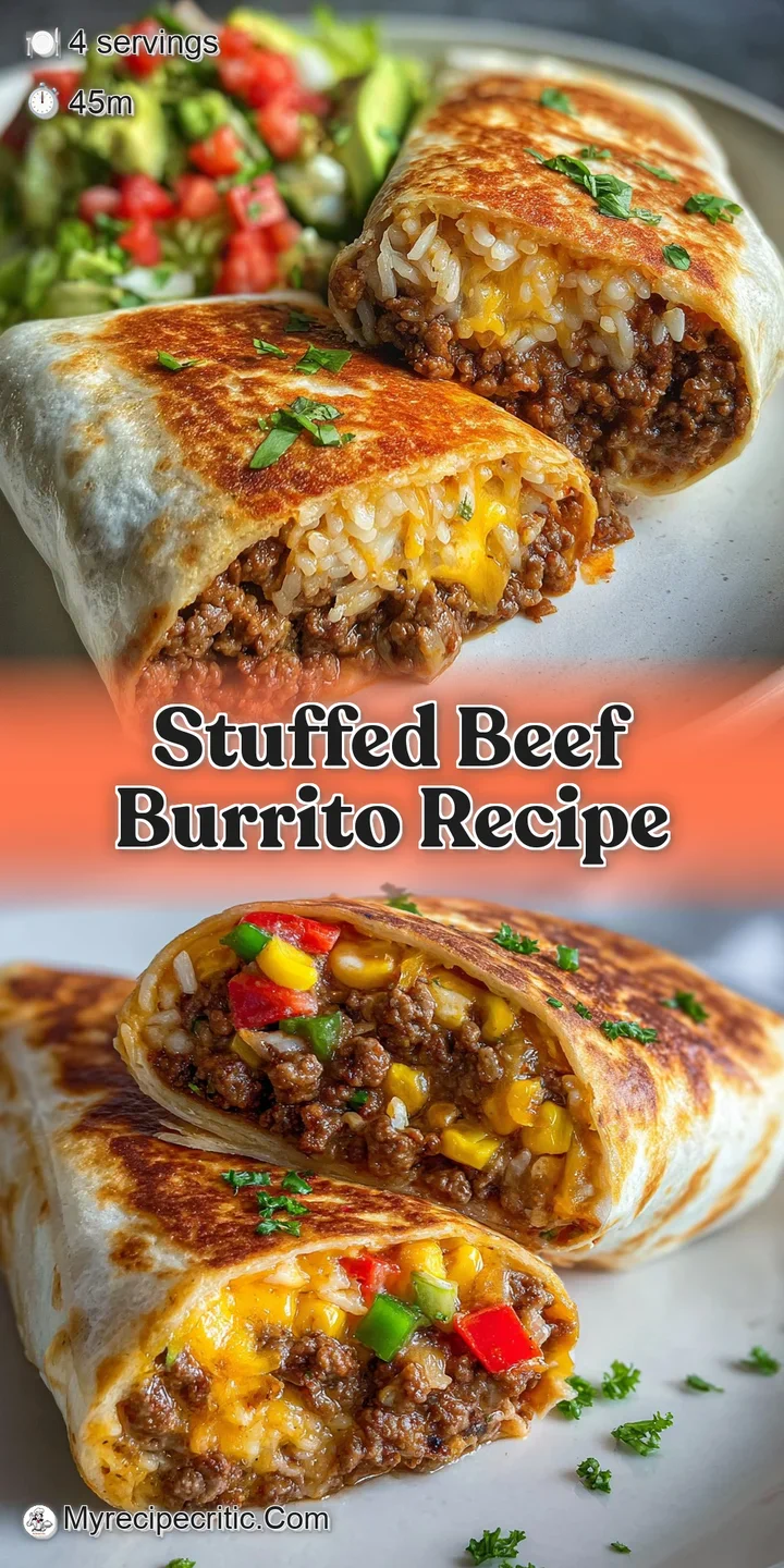 Close-up of a juicy beef burrito with a slightly charred tortilla; ground beef, melted cheese, and diced tomato visible.