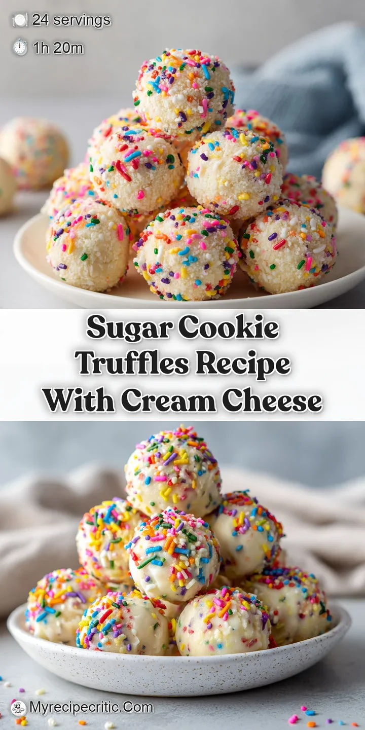 Close-up of a sugar cookie truffle, its creamy center peeking through a coating of rainbow sprinkles. A tempting bite of s...