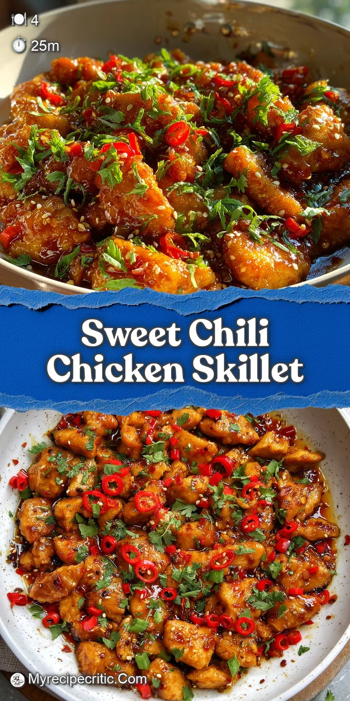 Close-up of glistening sweet chili chicken; steam rises, showing vibrant reds and greens of the peppers, with a tempting c...