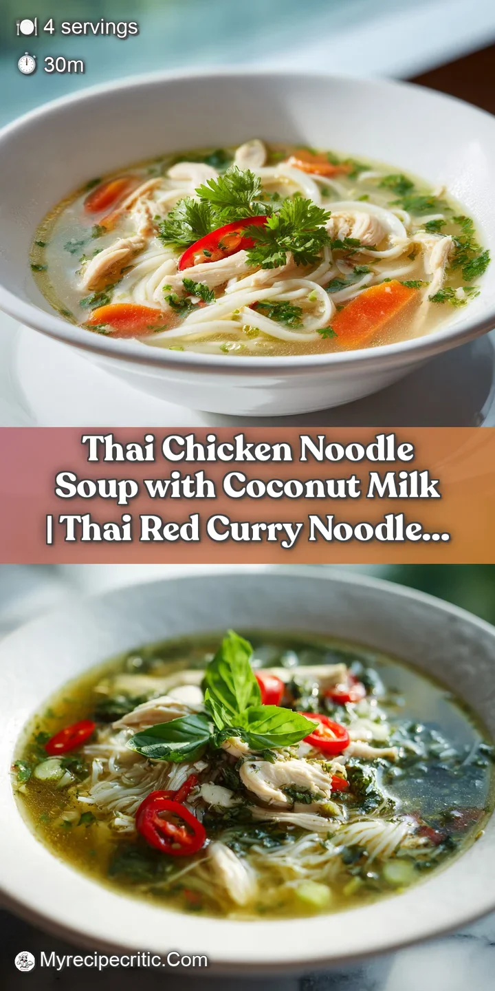 Close-up of steaming Thai chicken noodle soup, showcasing glistening noodles and aromatic herbs in creamy broth.