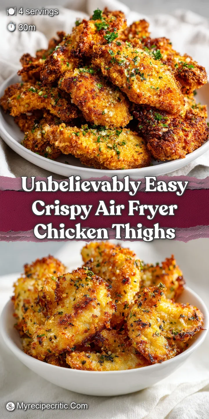 Close-up of a perfectly crisp air fryer chicken thigh, skin crackled and golden, glistening with rendered fat and herbs.