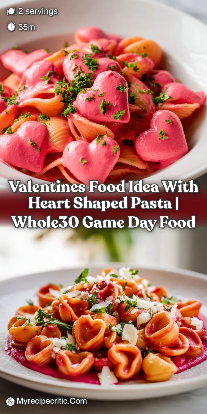 Close-up of heart-shaped pasta swimming in velvety pink vodka sauce. Textures of fresh basil & grated Parmesan are highlig...