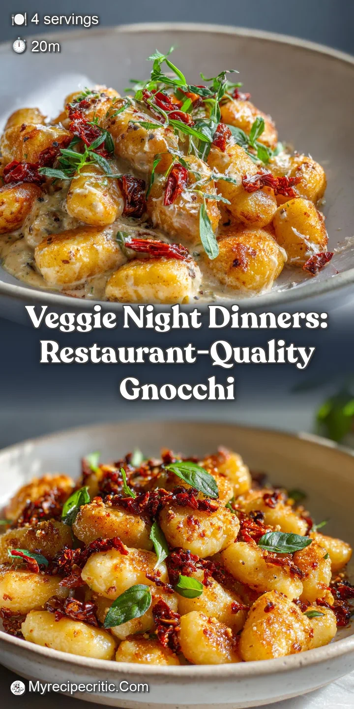 Close-up reveals browned, pillowy gnocchi glistening with olive oil and herbs, surrounded by wilted spinach and juicy toma...