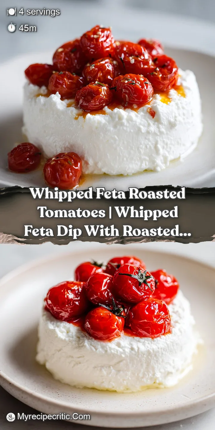 Close-up of glistening red roasted tomatoes nestled in a fluffy white cheese spread with a drizzle of gold oil.