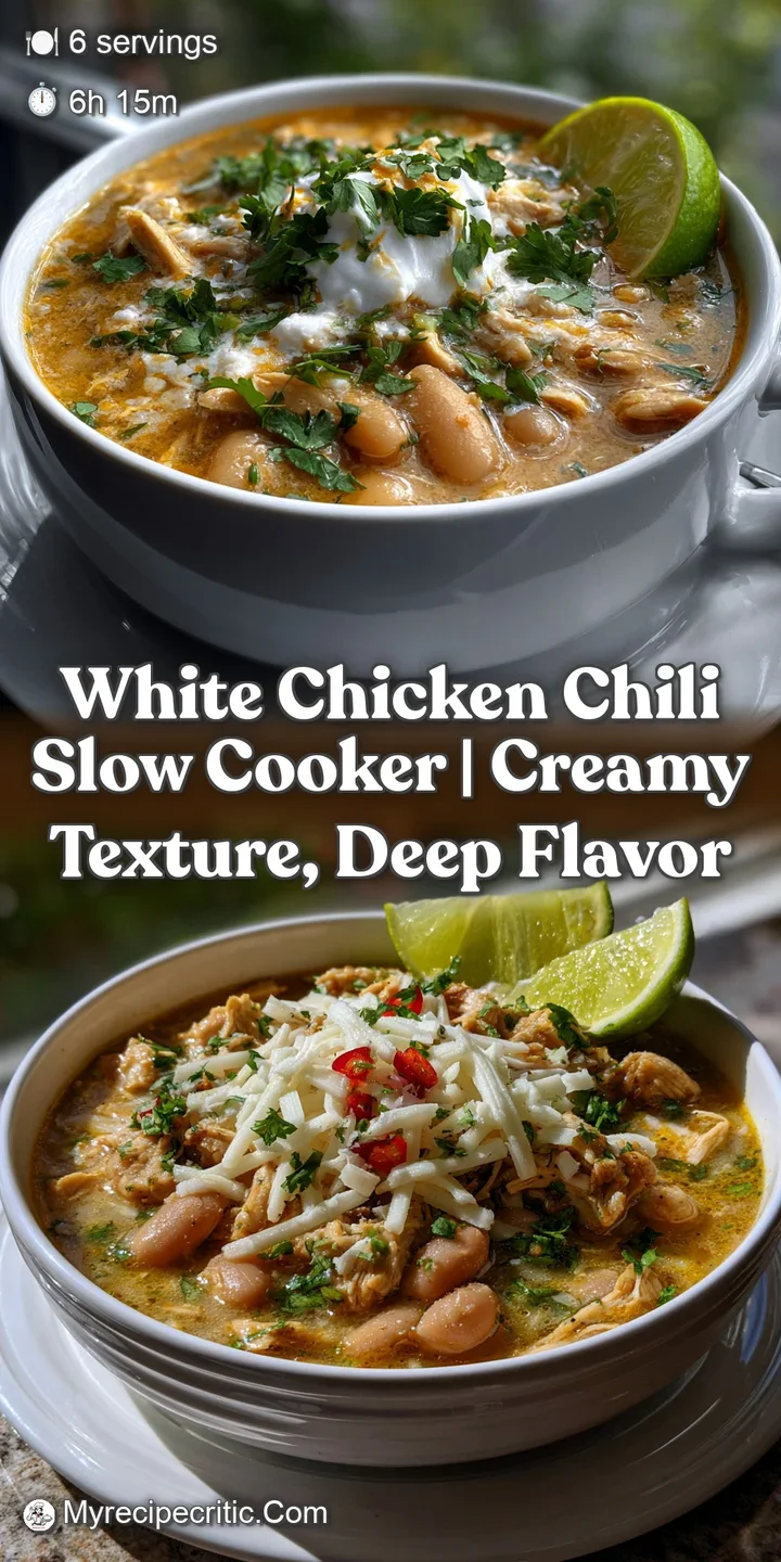 A close-up of steaming white chicken chili. Tender chicken and creamy beans bathed in a savory broth, topped with fresh ci...