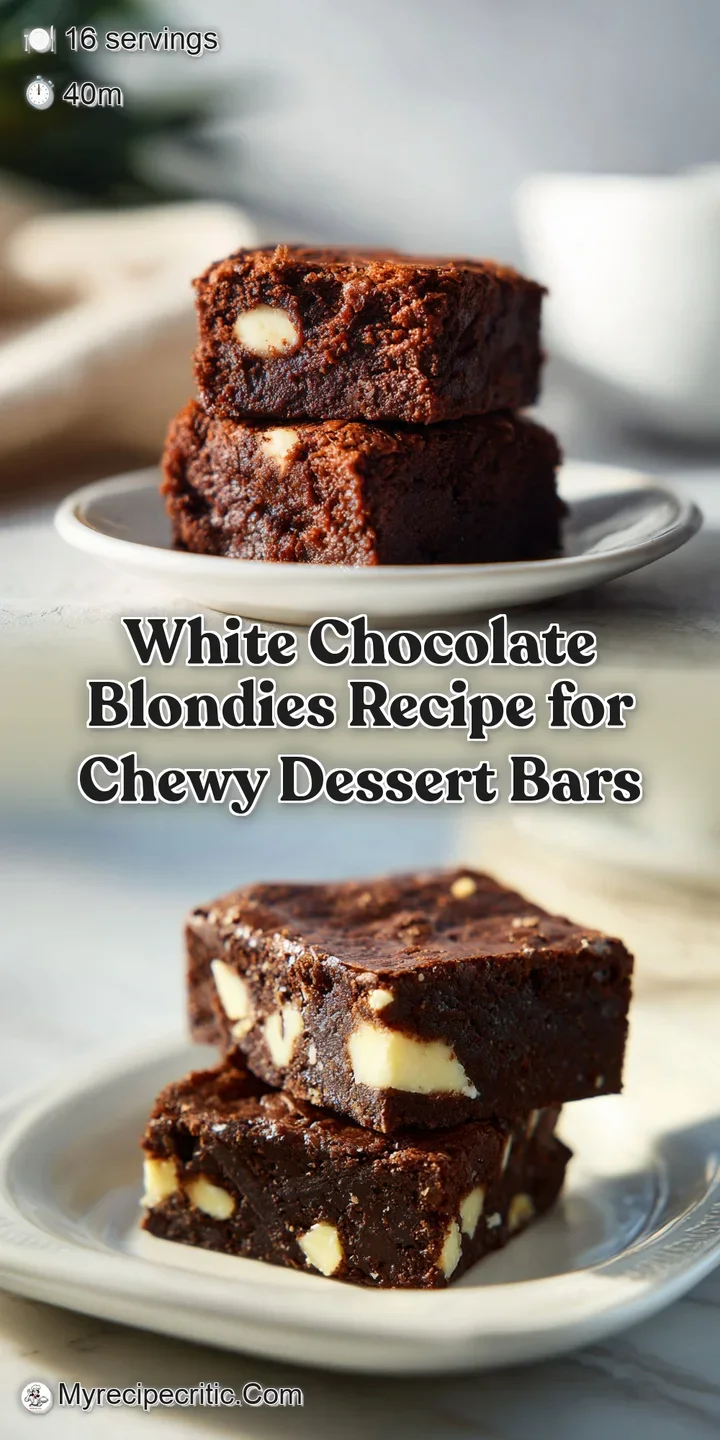 Close-up reveals the blondie's dense, moist interior speckled with melted white chocolate. Golden-brown surface with a sli...