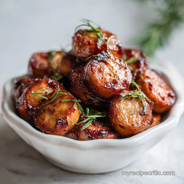 BBQ sausage bites arranged on a white plate, garnished with a sprig of fresh parsley, and pools of tangy sauce.