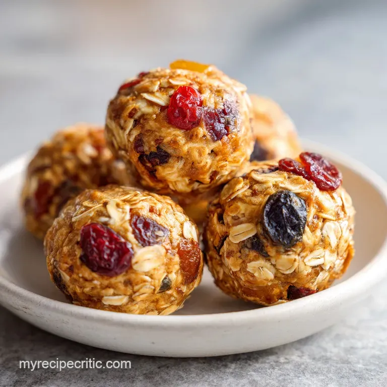 Three energy balls stacked on a small plate, ingredients visible. Coarse texture, rustic presentation with natural light.