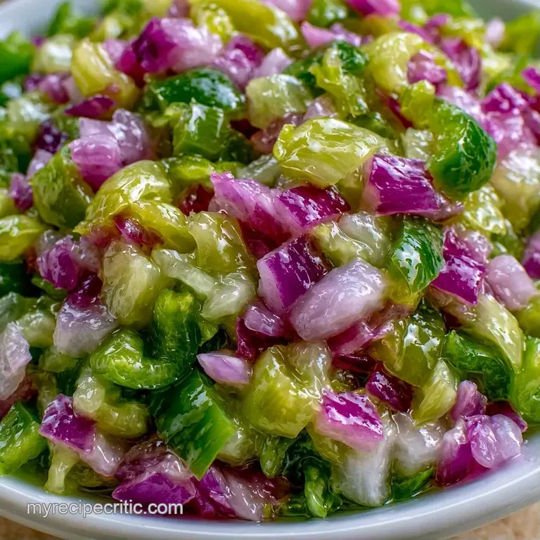 A small white bowl of chunky green pepper relish paired with toasted baguette slices on a rustic wooden board.