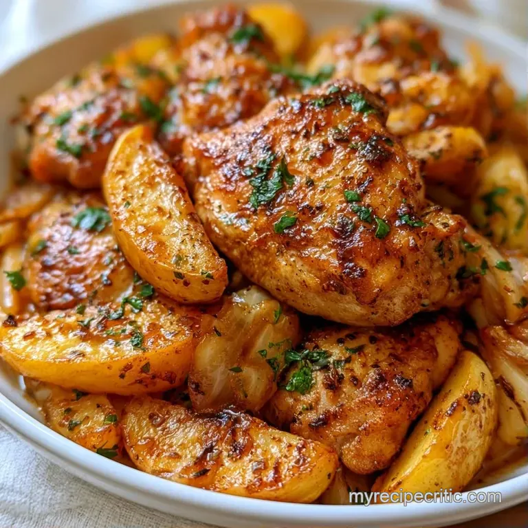 Seared chicken thighs nestled among tender apple wedges and fresh thyme on a minimalist ceramic dinner plate