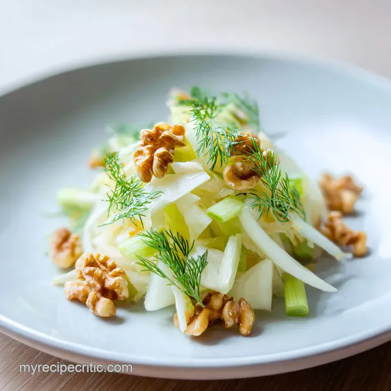 Artfully arranged curls of crisp fennel and apple slices topped with toasted walnuts on a minimalist slate plate.