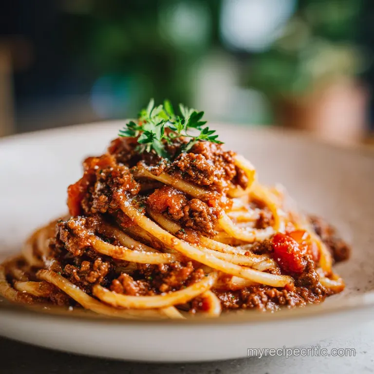 A generous swirl of hearty Bolognese sauce over golden pasta, topped with a sprinkle of vibrant green herbs.