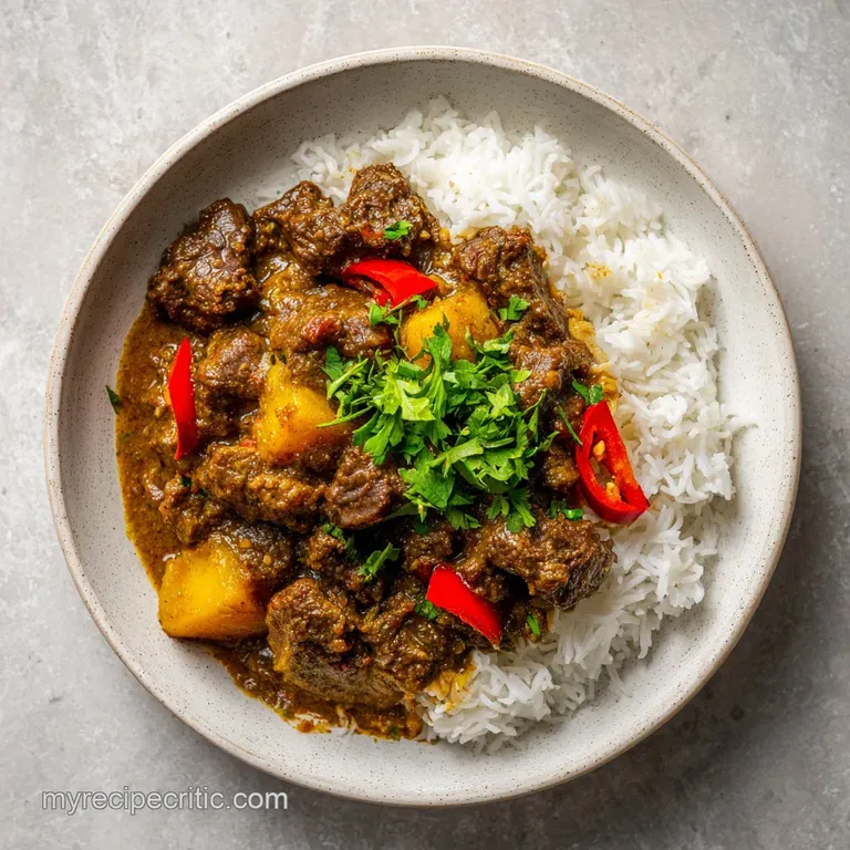 Plated lamb curry with creamy coconut sauce, garnished with cilantro. Steaming, fragrant, and inviting &ndash; ready to be savored.