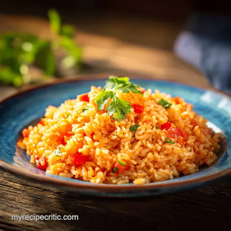 A scoop of golden Spanish rice artfully plated, garnished with fresh cilantro and a bright lime wedge. Inviting and warm.