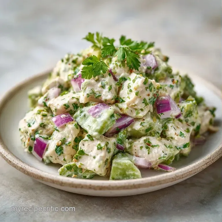 A chilled mixture of mashed green avocado and cubed chicken served on a crisp lettuce leaf with a lime wedge.