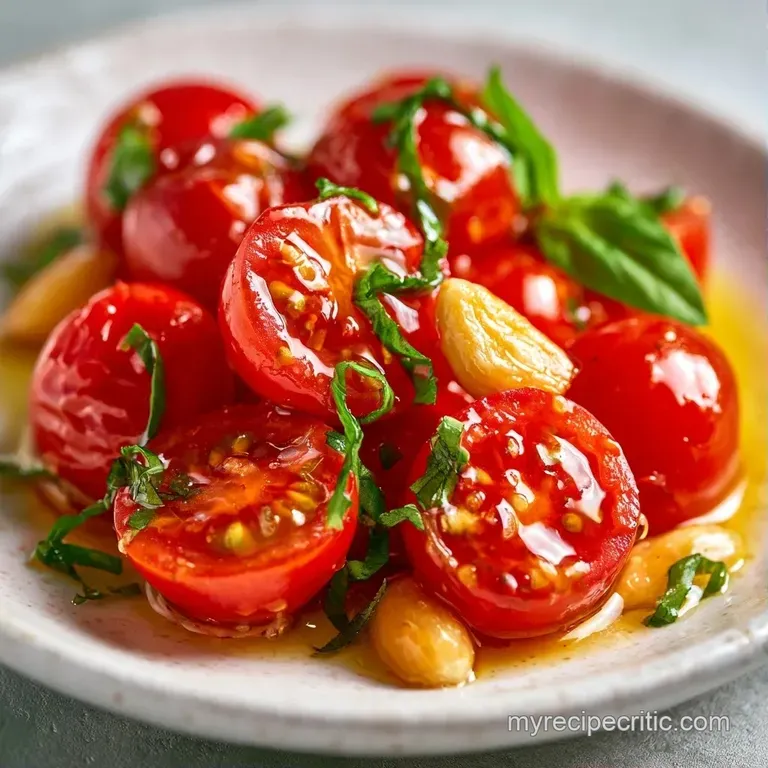 Roasted red tomatoes and toasted garlic slivers drizzled with oil on a white plate, garnished with fresh parsley.