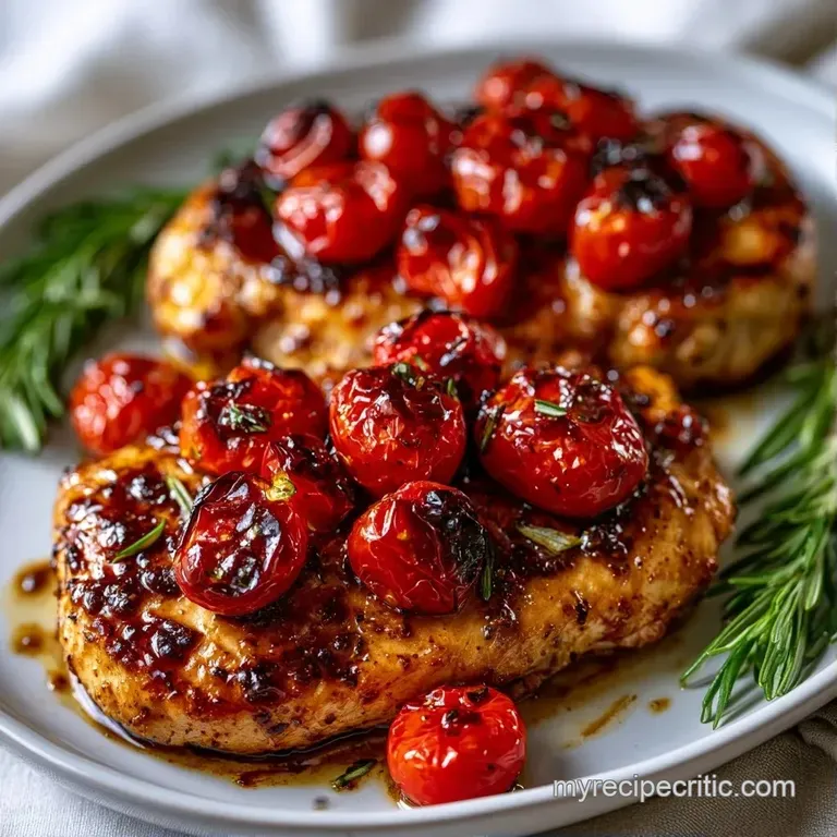 Sliced juicy chicken breast topped with bright red tomatoes and fresh parsley on a minimalist matte grey plate.