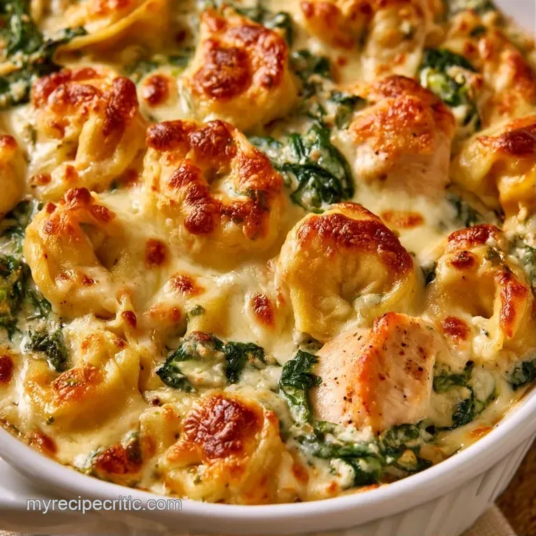 Creamy pasta rings with dark green spinach in a white ceramic dish, topped with melted cheese and fresh parsley.