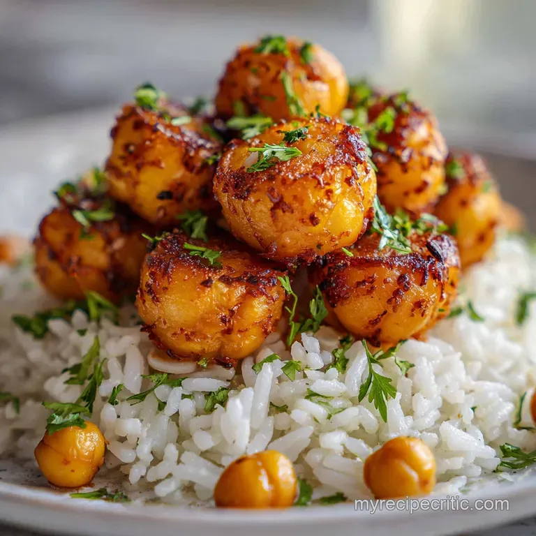 Three crisp chickpea rice balls atop vibrant green spinach. Light tahini drizzle completes the colorful, healthy plate.