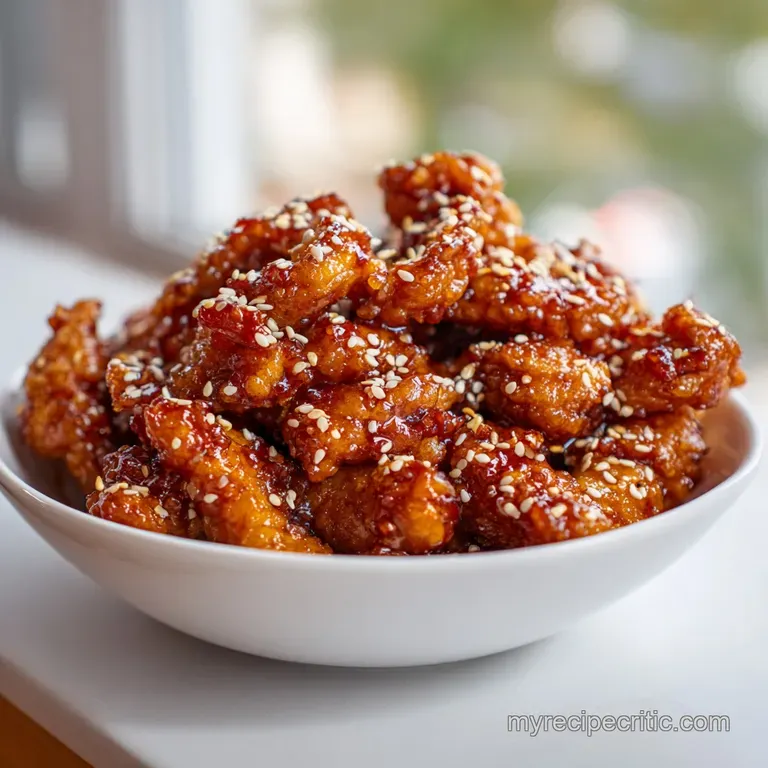 Crispy honey sesame chicken artfully arranged with vibrant green broccoli florets and a side of fluffy rice.