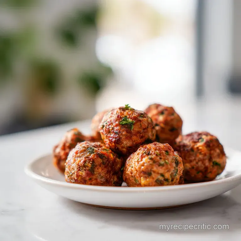 Tender turkey meatballs artfully arranged on a plate with a swirl of rich sauce and a sprinkle of fresh parsley.