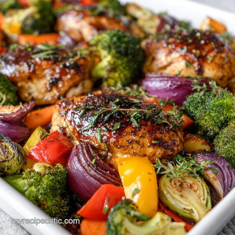 Glossy balsamic chicken atop vibrant roasted vegetables. Garnished with fresh herbs. An elegant single serving, ready to b...