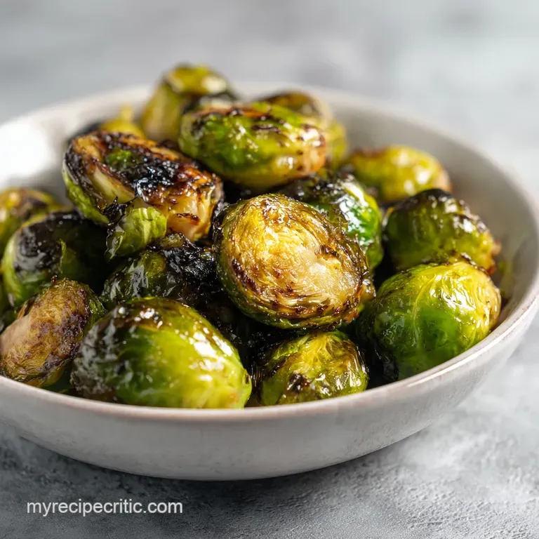 A neat pile of caramelized brussels sprouts on a white ceramic plate, garnished with fresh parsley and sea salt.