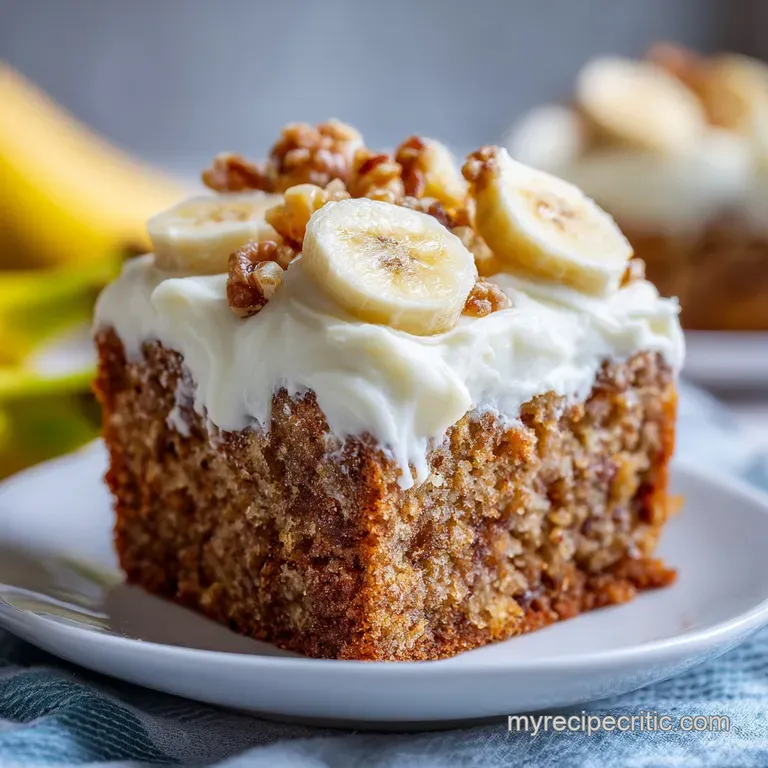 Slice of frosted banana cake on a plate. Fluffy frosting, moist crumb, and a dusting of powdered sugar appeal.