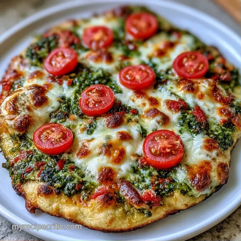 Sliced pesto flatbread on a rustic wooden board, garnished with fresh basil leaves and a golden olive oil drizzle.