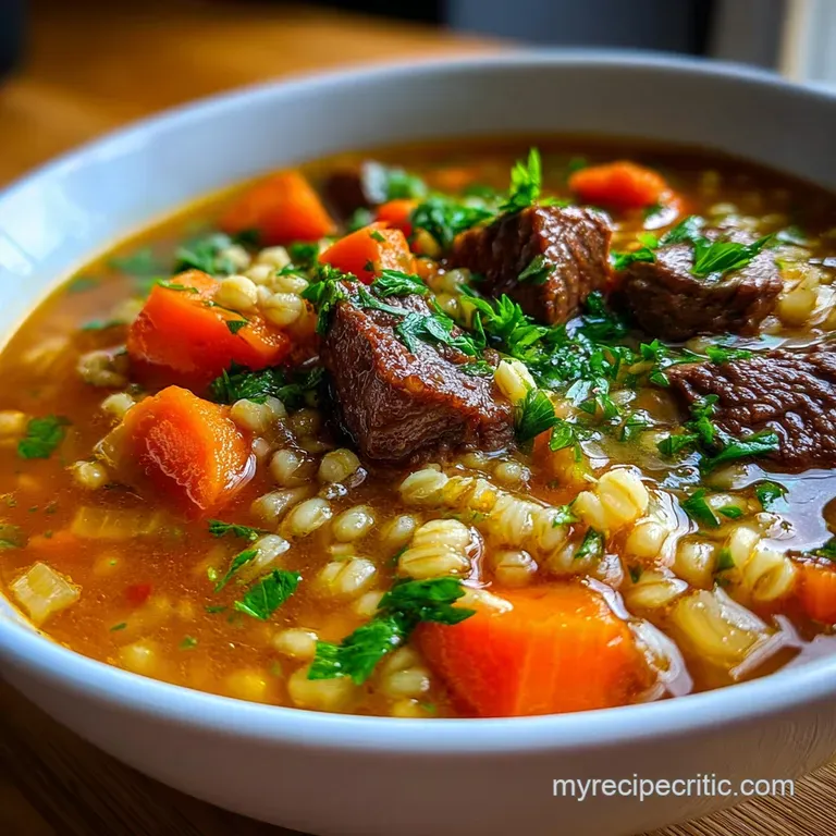Elegant bowl of beef and barley soup, garnished with fresh parsley; steam rises, hinting at warmth and savory flavors.