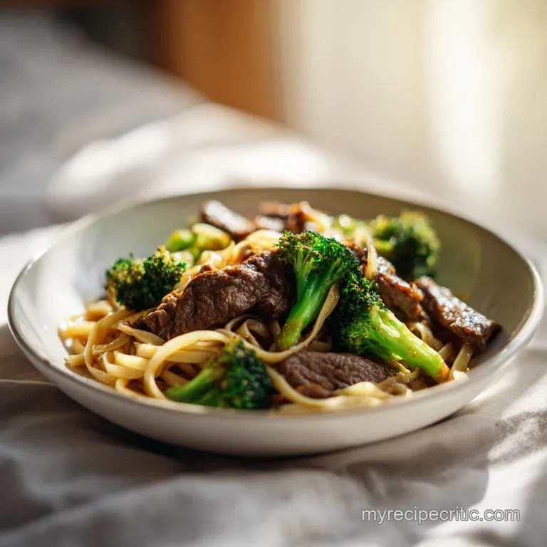 An artfully arranged bowl showcasing tender beef, bright broccoli, and perfectly coated noodles, garnished with sesame see...