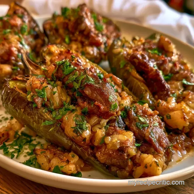 Three cheesy stuffed peppers on a white ceramic platter, garnished with fresh parsley and red chili flakes.