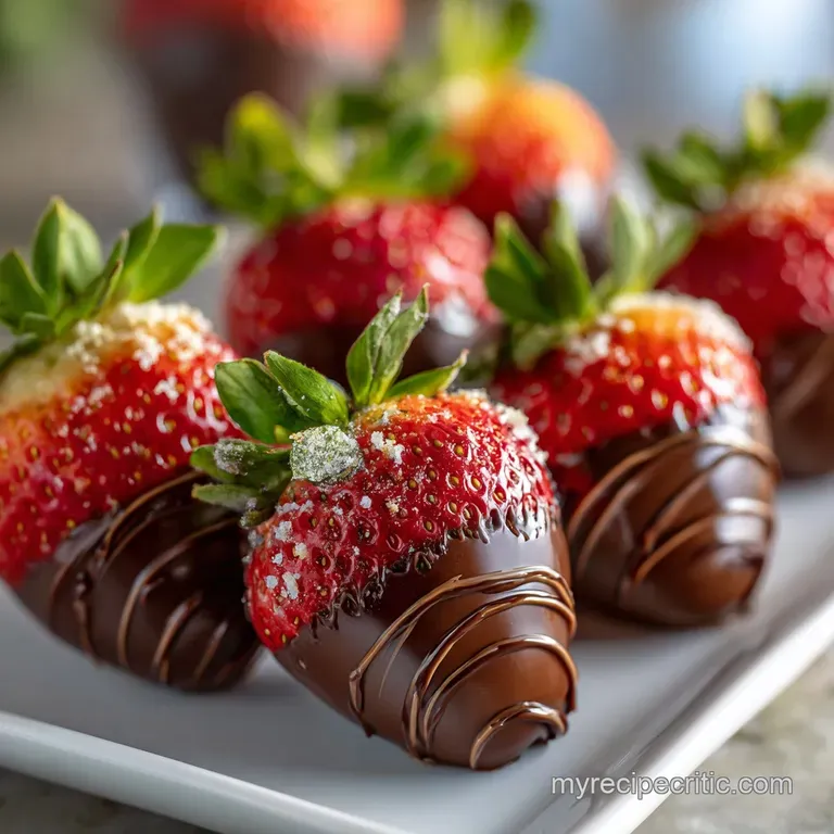 Elegant dessert: Chocolate-dipped strawberries arranged on a white plate, showcasing their shiny coating and vibrant red b...