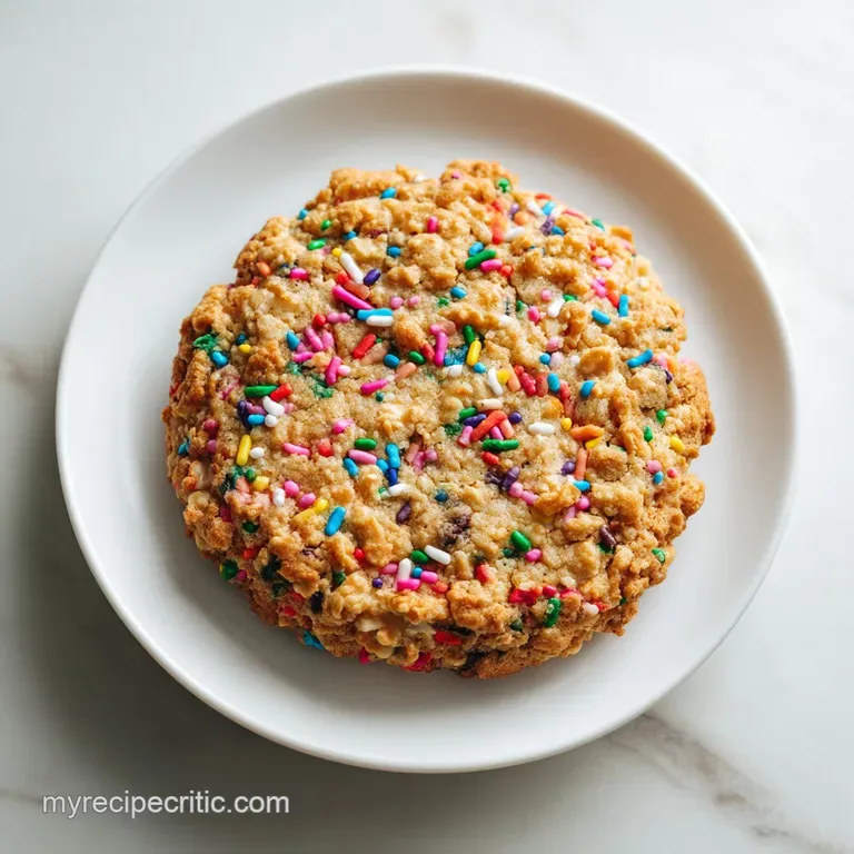 Monster cookie half stacked on itself, creamy peanut butter oozing. Crumbly, chewy edges with candy colors popping against...