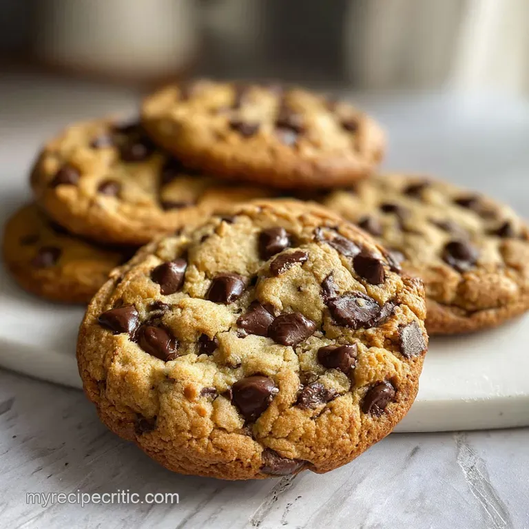 Stack of warm chocolate chip cookies on a white plate. Crumbly texture with glistening, melted chocolate chips. Ready to b...